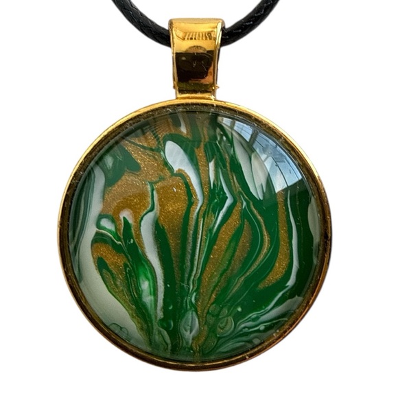 Handmade Green Gold Fluid Art Pendant Necklace St Patrick’s Gift